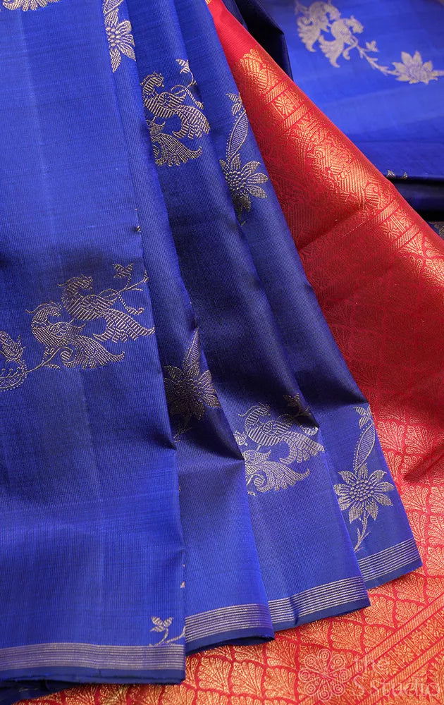 Royal blue kanchi pattu saree with thodar kodi zari design