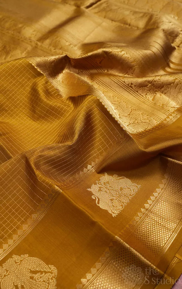 Methi mustard small zari checks kanchipuram silk saree