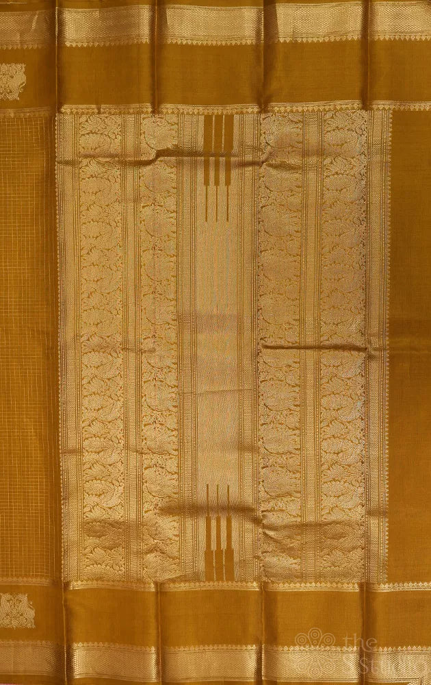 Methi mustard small zari checks kanchipuram silk saree