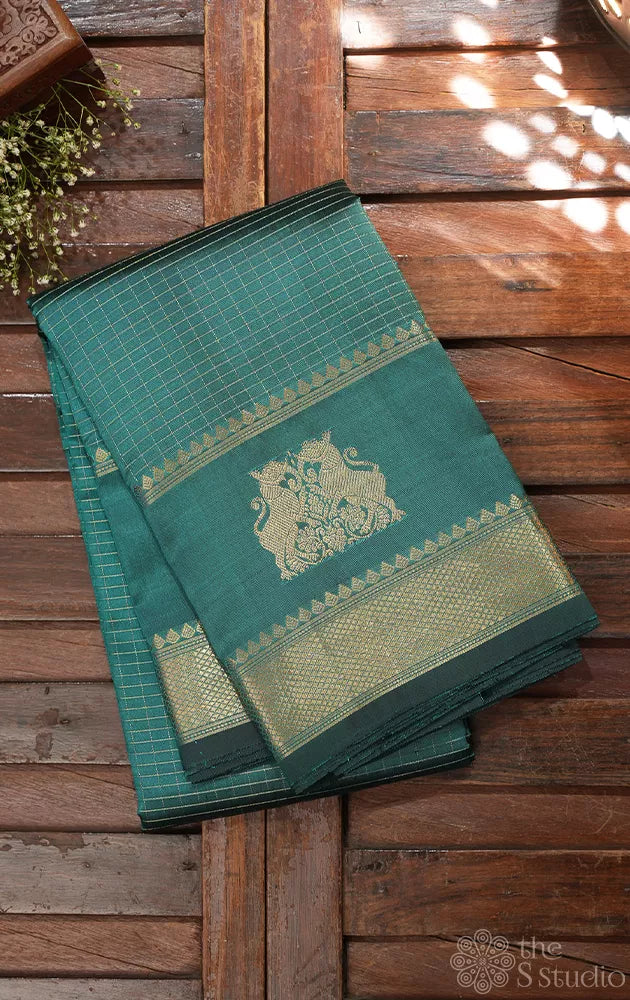 Rama blue small zari checks kanchipuram silk saree