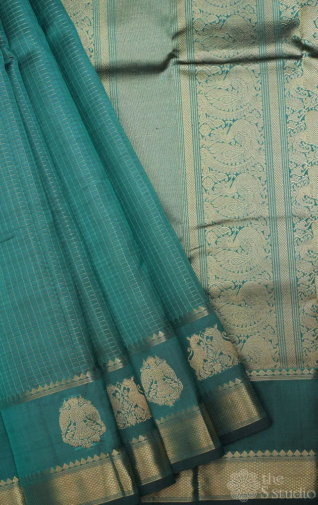 Rama blue small zari checks kanchipuram silk saree