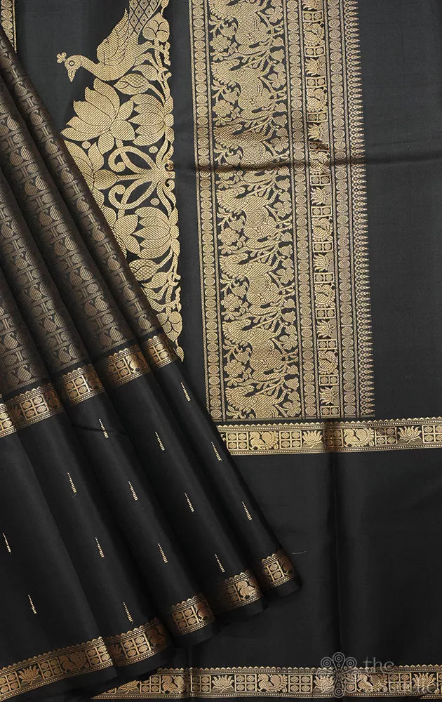 Deep black kanjivaram silk saree with long border