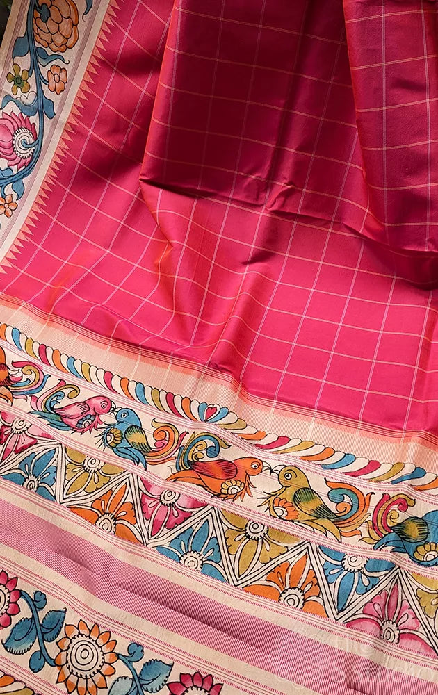 Rose kanchipuram silk saree with handpainted kalamkari border