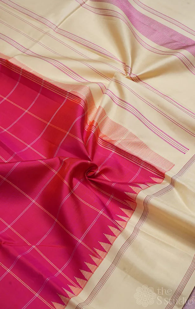 Rose thread checks kanchi silk saree with off white border