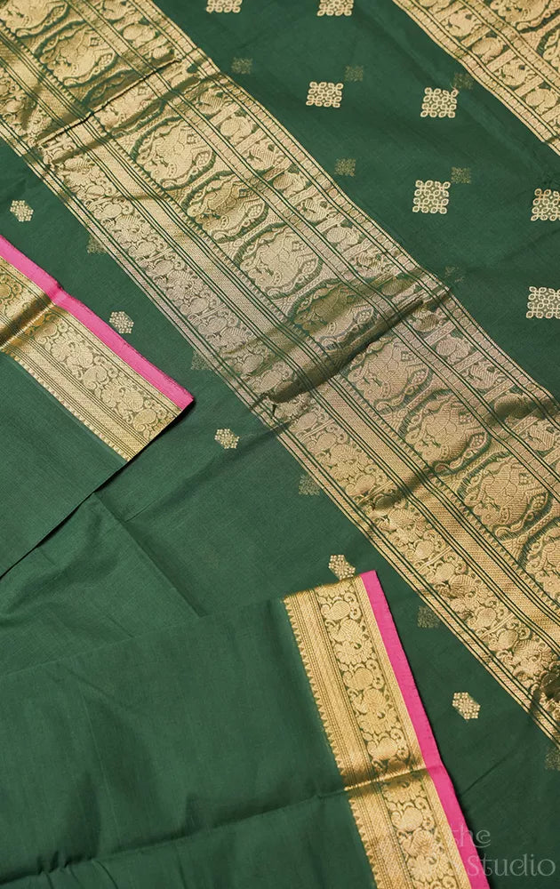 Dark green handloom kanchi cotton saree with zari woven border