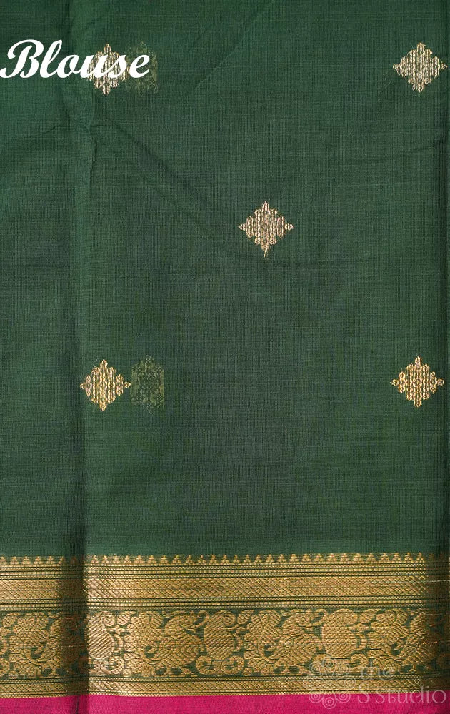 Dark green handloom kanchi cotton saree with zari woven border