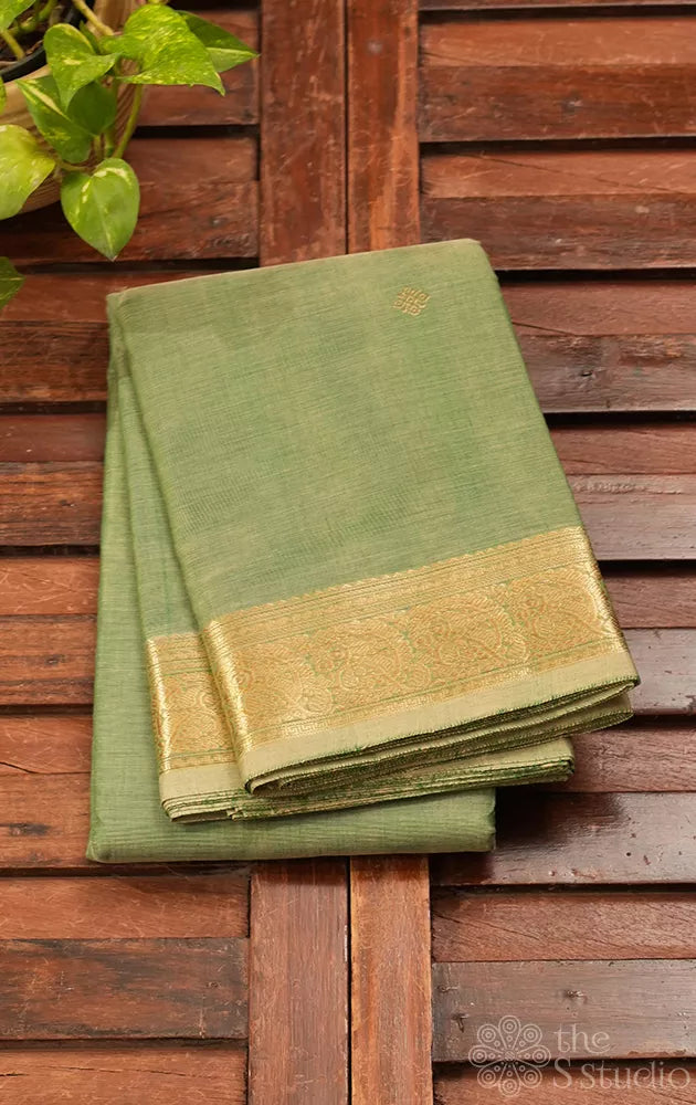 Light elachi green handloom kanchi cotton saree with zari woven border