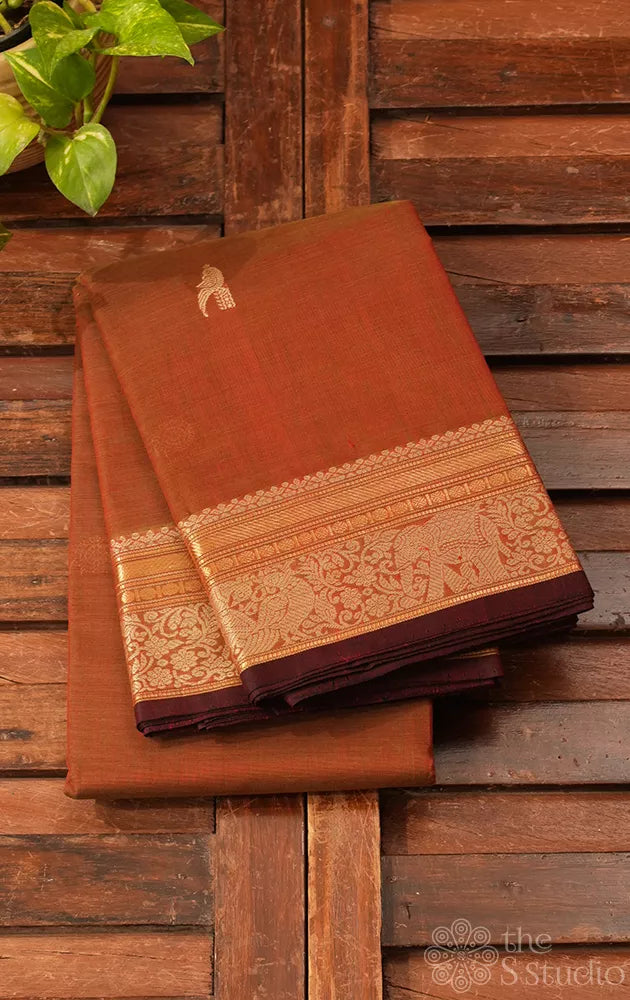 Manthulir brown handloom kanchi cotton saree