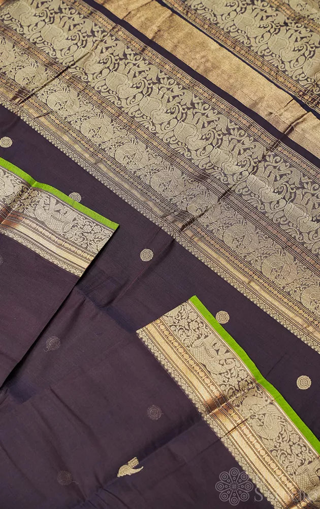 Dark violet colour handloom kanchi cotton saree with green selvedge