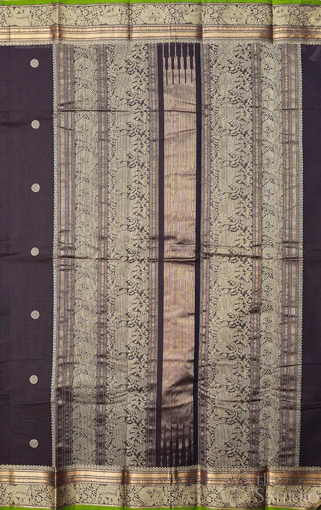 Dark violet colour handloom kanchi cotton saree with green selvedge