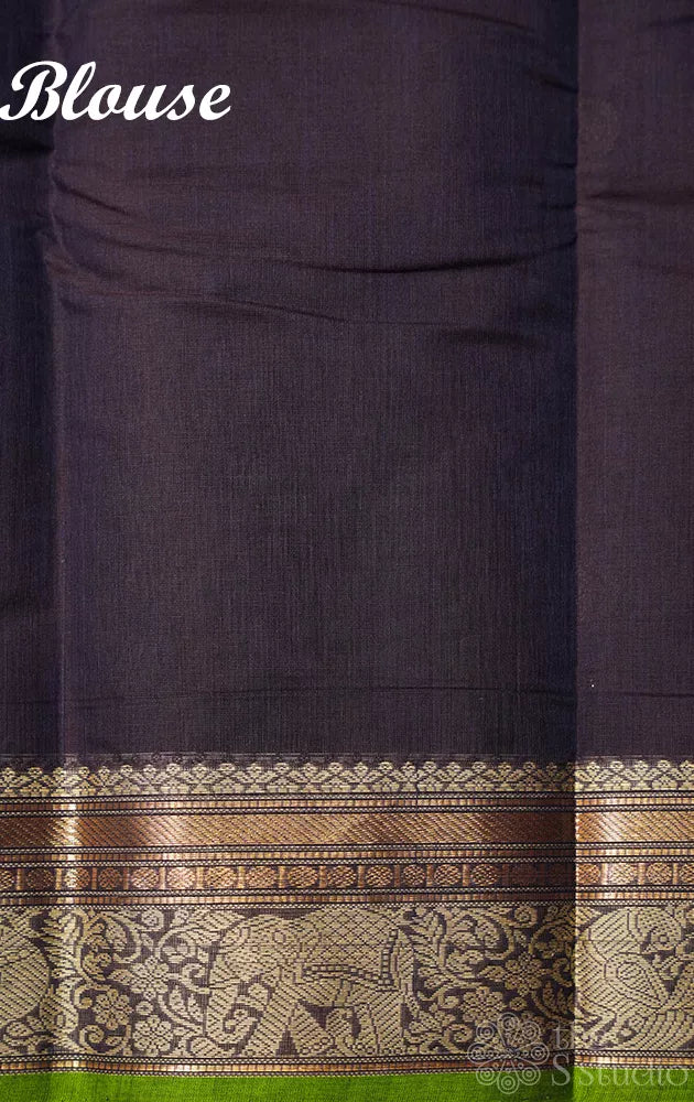 Dark violet colour handloom kanchi cotton saree with green selvedge