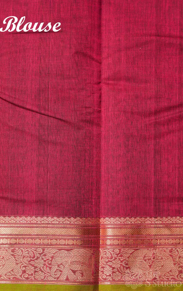 Pomegranate pink handwoven kanchi cotton saree with small border