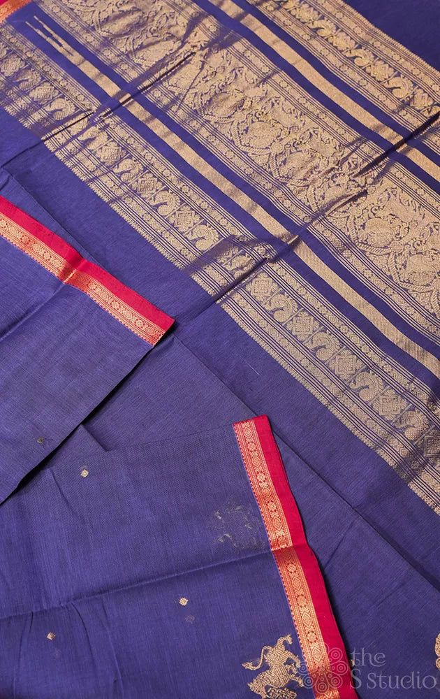 Pale violet handloom kanchi cotton saree with small border and rich pallu