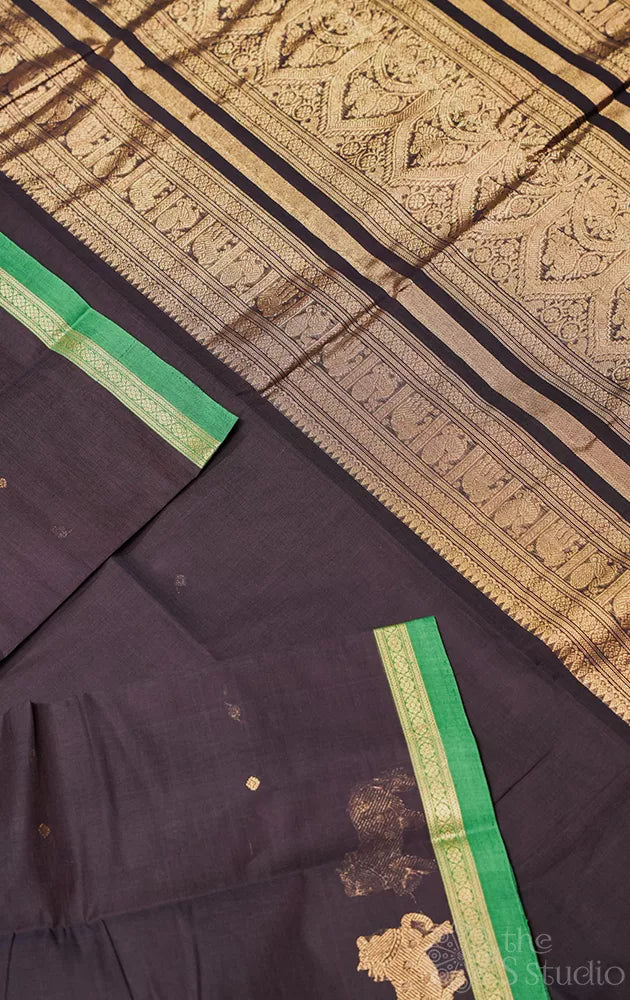 Dark brown handloom kanchi cotton saree with small border and rich pallu