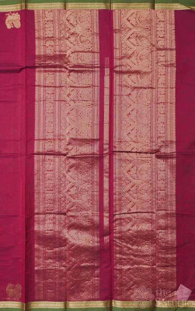 Maroon handloom kanchi cotton saree with small border and rich pallu
