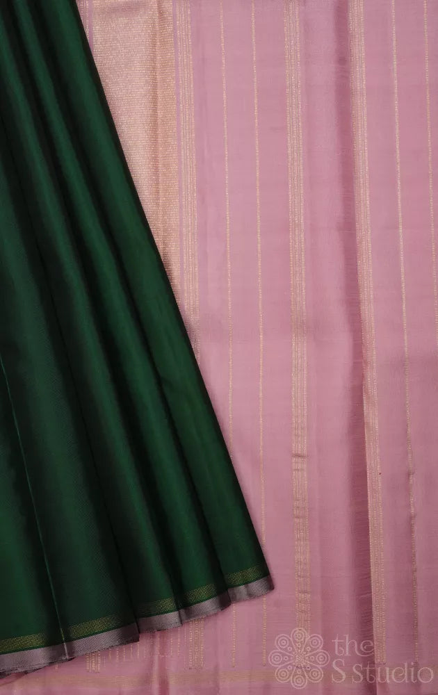 Green plain kanchi silk saree with onion pink pallu