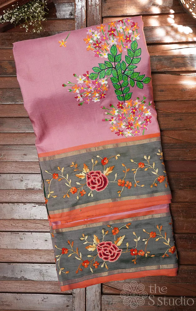 Pink hand painted kanchipuram silk saree with hand french knot embroidery