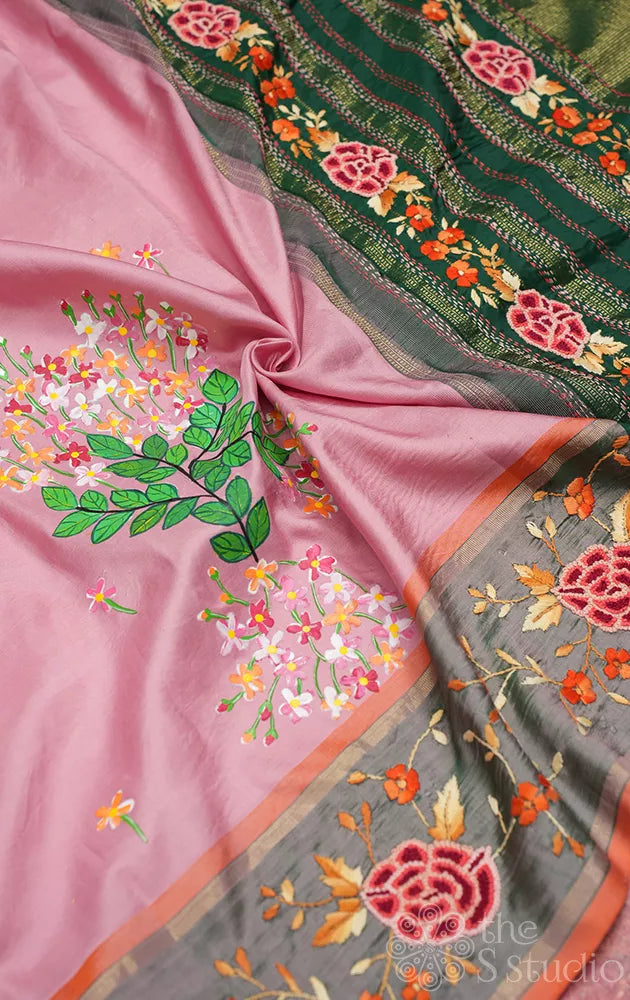Pink hand painted kanchipuram silk saree with hand french knot embroidery