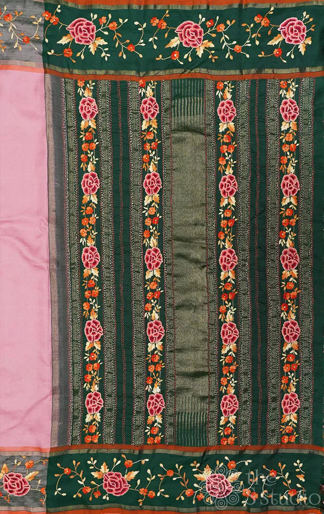 Pink hand painted kanchipuram silk saree with hand french knot embroidery
