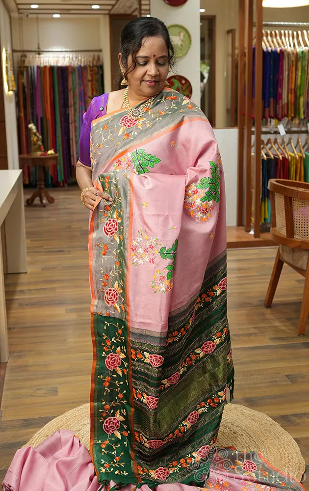 Pink hand painted kanchipuram silk saree with hand french knot embroidery
