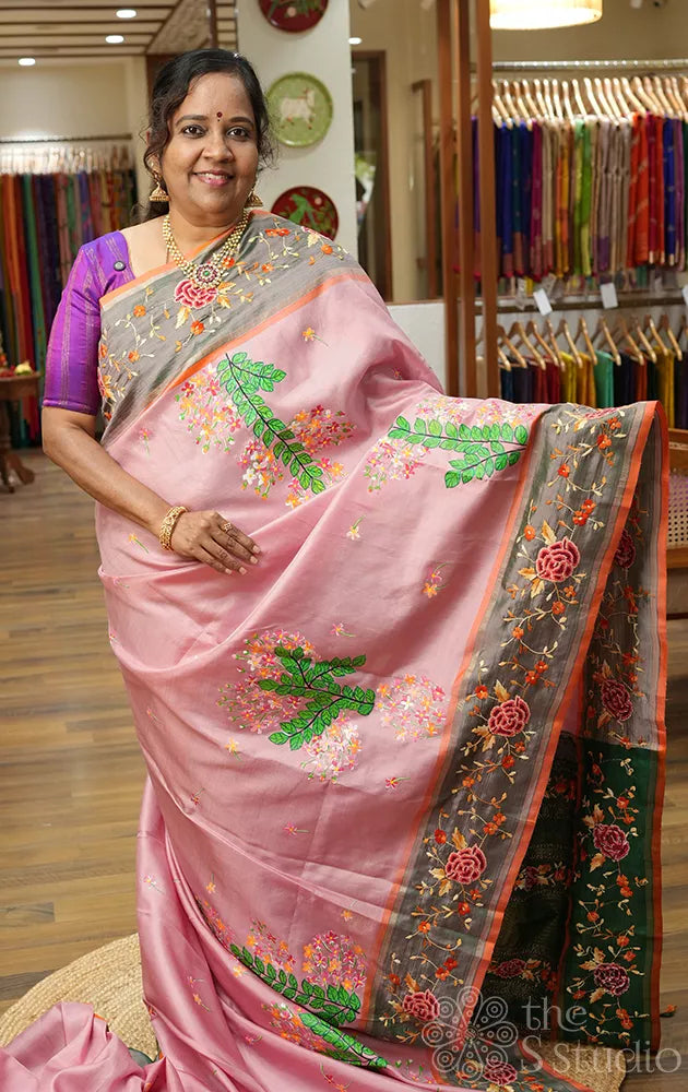 Pink hand painted kanchipuram silk saree with hand french knot embroidery
