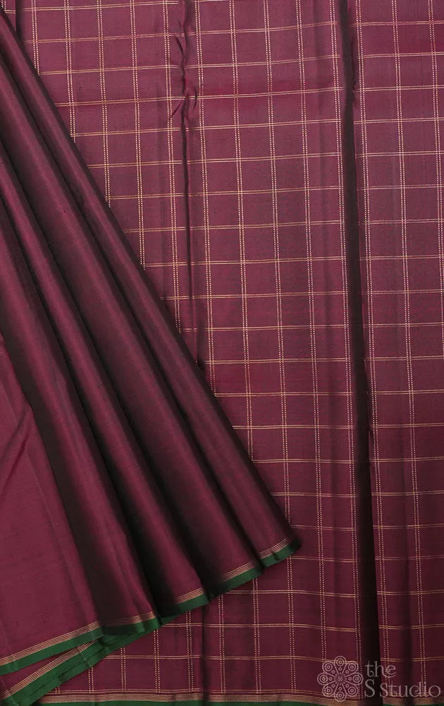 Burgundy maroon kanchipuram silk saree with checked pallu