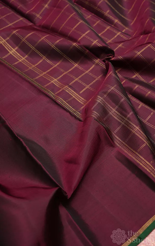 Burgundy maroon kanchipuram silk saree with checked pallu