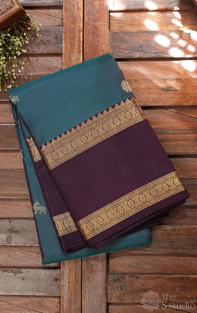 Rama blue kanchi silk saree with rettaipet brown border