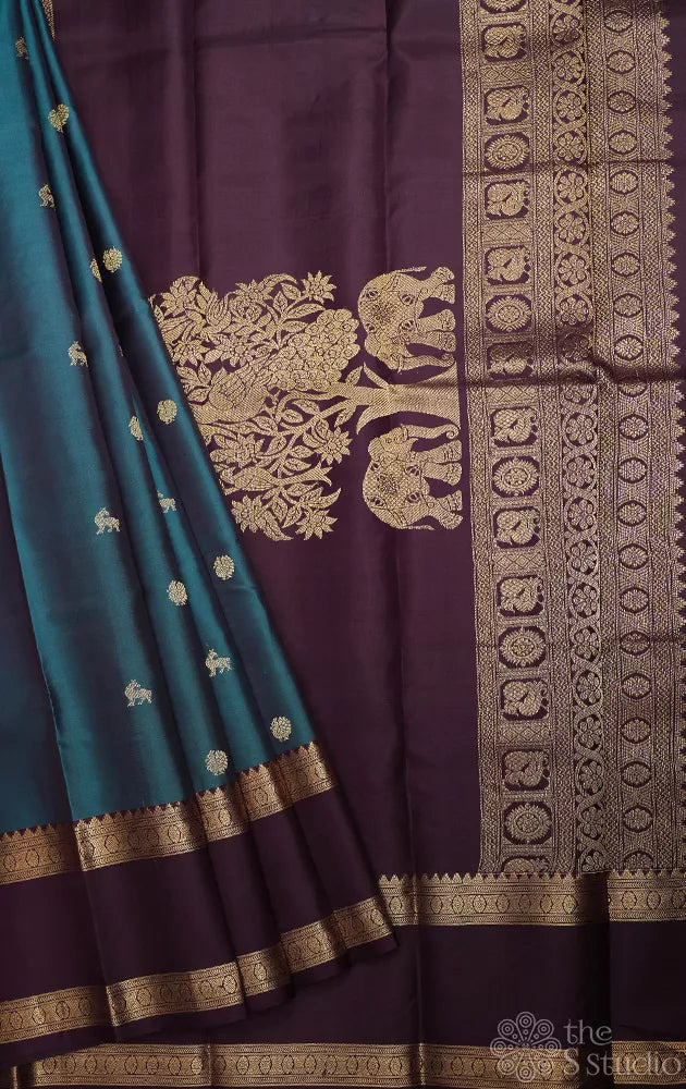 Rama blue kanchi silk saree with rettaipet brown border