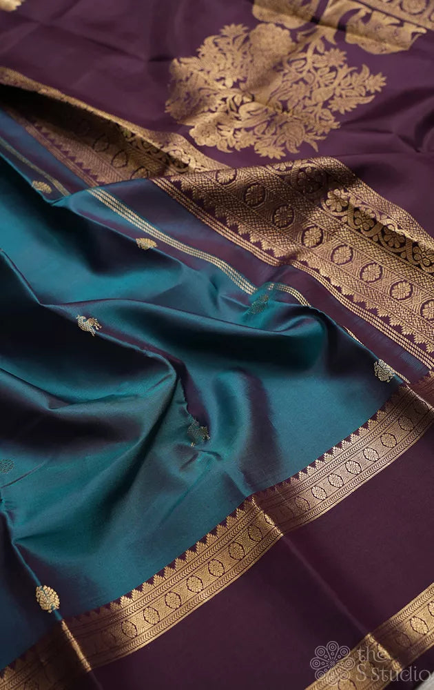 Rama blue kanchi silk saree with rettaipet brown border
