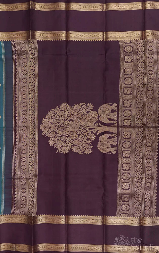 Rama blue kanchi silk saree with rettaipet brown border