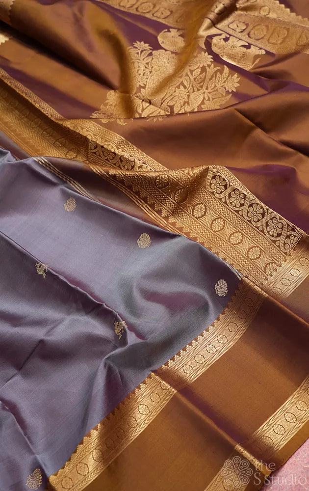Steel grey colour kanchipuram silk saree with rettaipet mustard border
