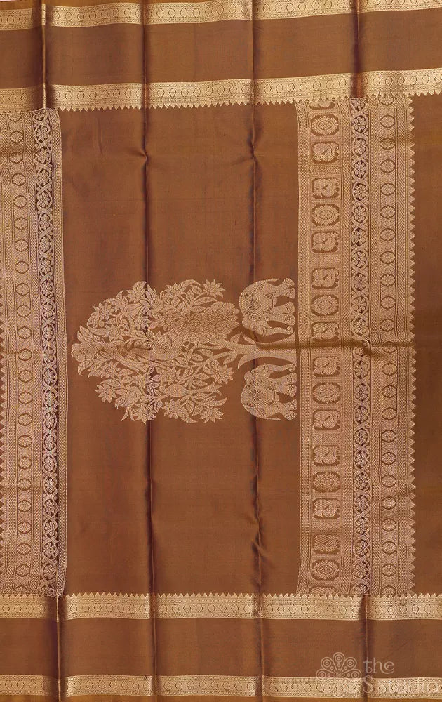 Steel grey colour kanchipuram silk saree with rettaipet mustard border