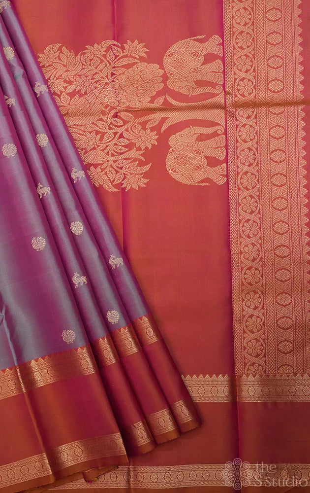Dual tone lavendar peach kanchi silk saree with rettaipet peach border
