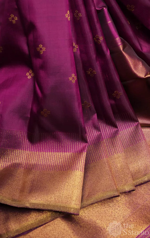 Purple kanjivaram silk saree with buttas and seepu reku border