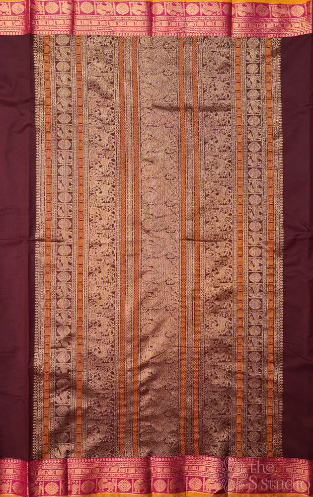 Brown handloom kanchi cotton saree with deer butta