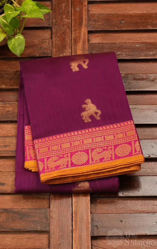 Purple handwoven kanchi cotton saree with zari border