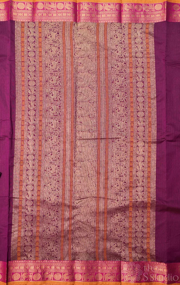 Purple handwoven kanchi cotton saree with zari border