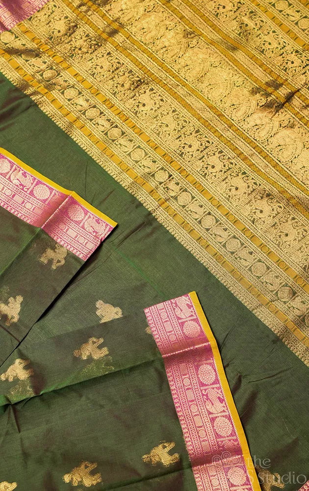 Methi green handloom kanchi cotton saree with deer butta