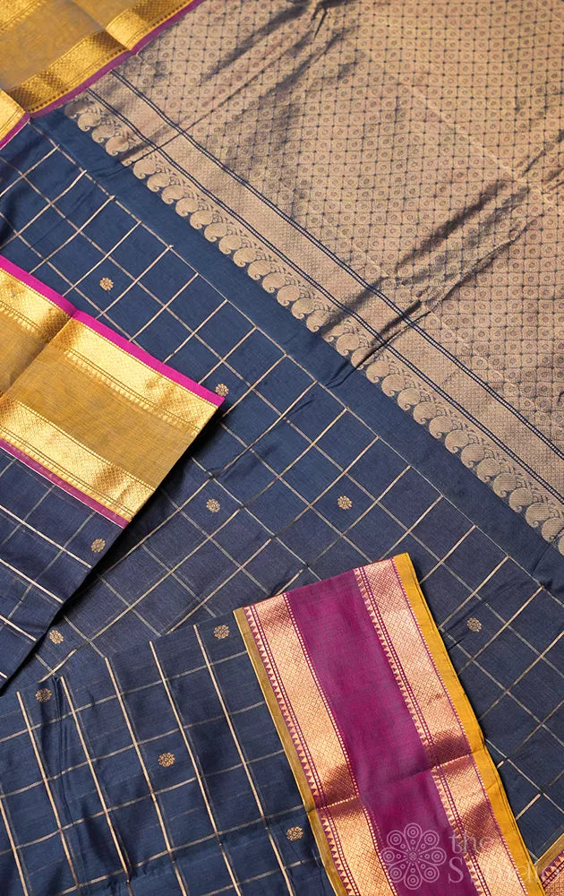 Greyish blue handloom checked kanchi cotton saree with ganga jamuna border