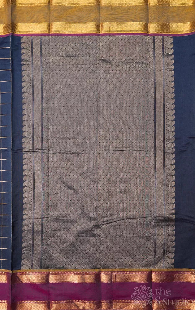 Greyish blue handloom checked kanchi cotton saree with ganga jamuna border