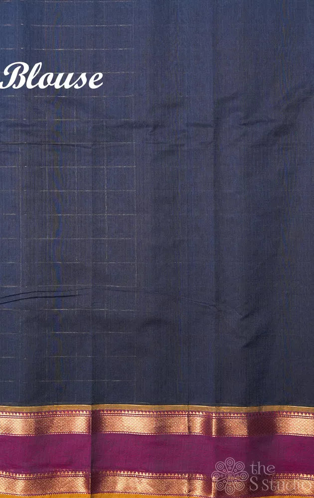 Greyish blue handloom checked kanchi cotton saree with ganga jamuna border