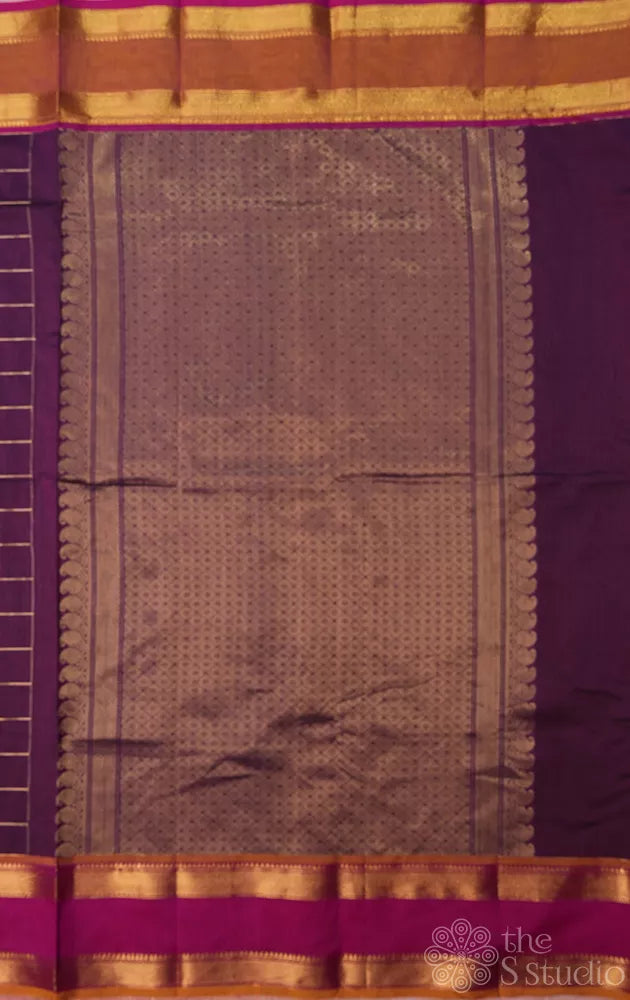 Purple handloom zari checked kanchi cotton saree with rettaipet border