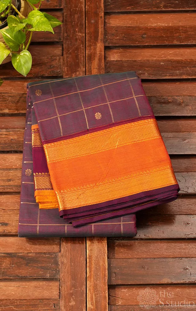 Pinkish brown zari checked kanchi cotton saree
