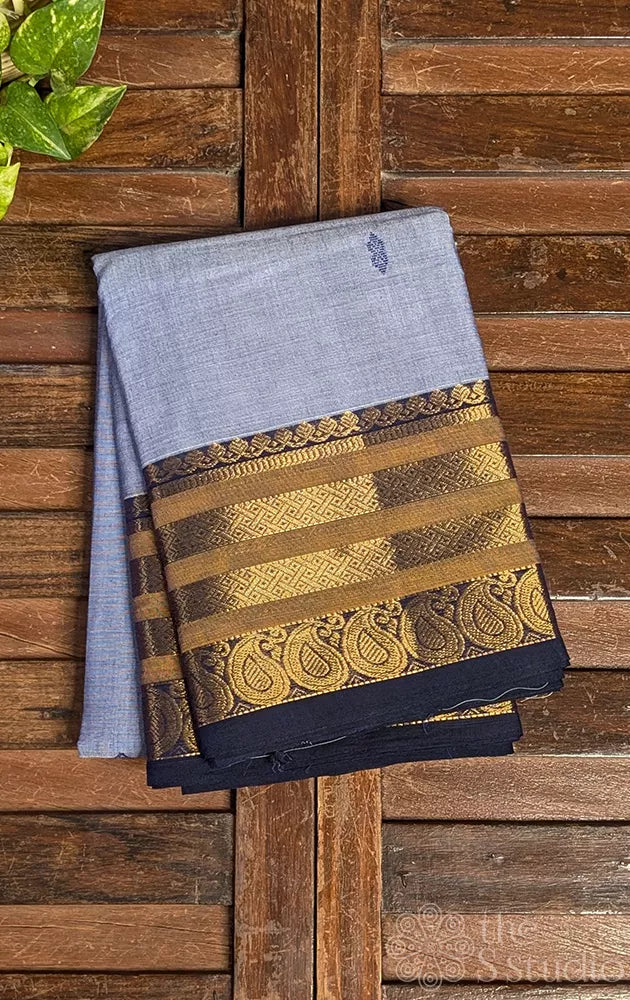 Powder blue kanchi cotton saree with varisaipet zari border