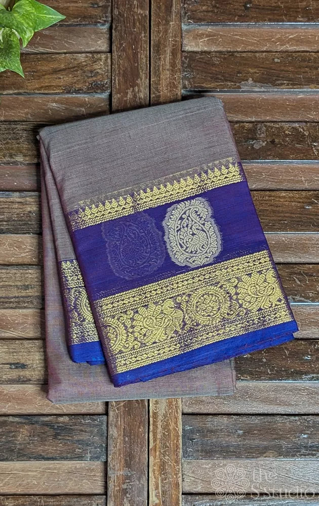 Cocoa brown kanchi cotton saree with violet zari border