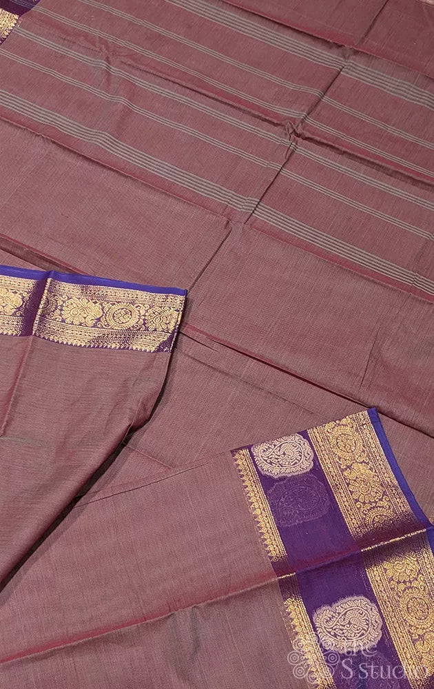 Cocoa brown kanchi cotton saree with violet zari border