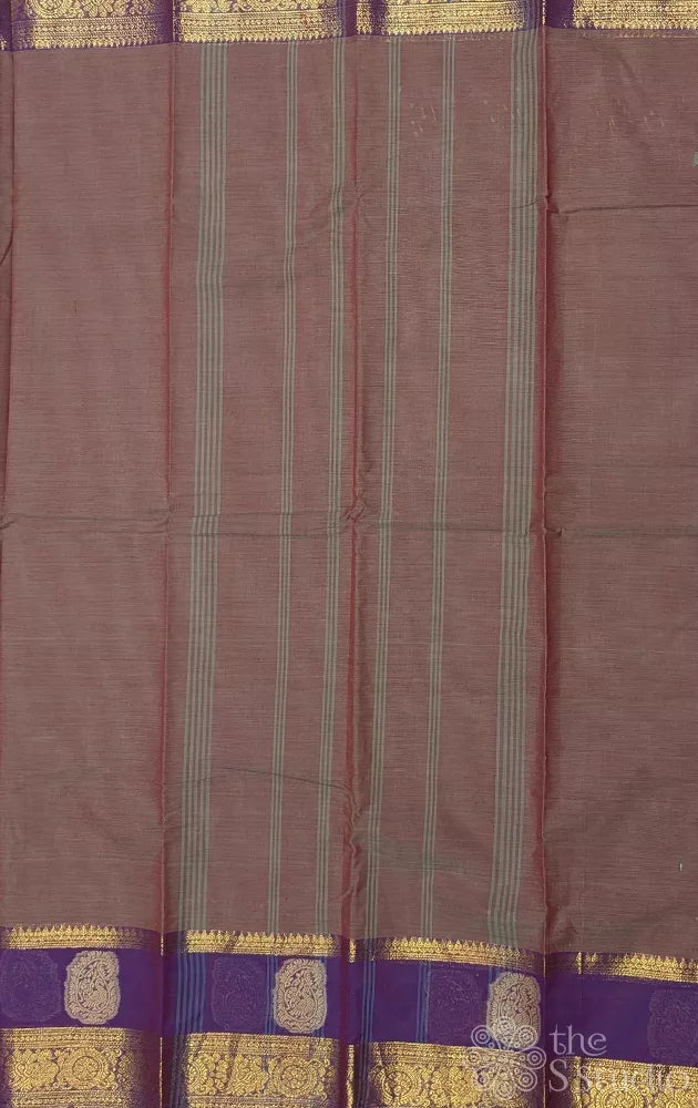 Cocoa brown kanchi cotton saree with violet zari border
