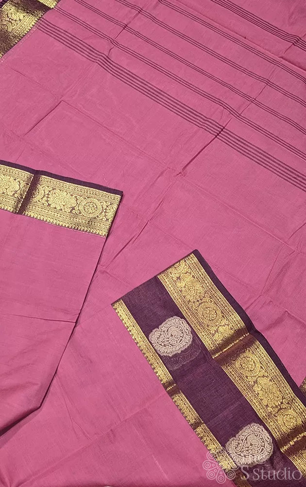 Mauve pink kanchi cotton saree with brown zari border
