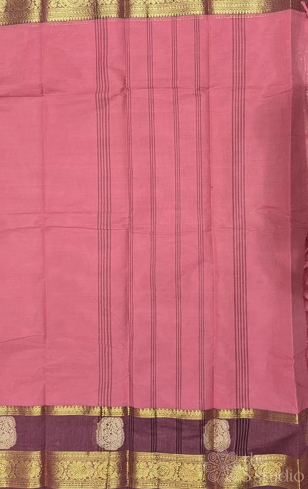Mauve pink kanchi cotton saree with brown zari border